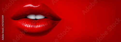 Red lips on a red background. Plastic surgery, fillers, injections. Cosmetics, lipstick. makeup. Free space for your text. AI photo