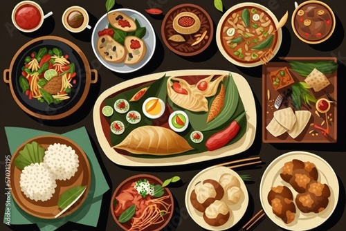 Indonesian variety food flat lay with different delicious asian malay dishes. Top view of plates with different menu on table. Generative AI