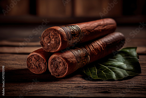 Handmade cuban cigars on a rustic wooden table. Ai generative.
