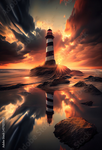 The lighthouse against the background of the setting sun is reflected in the water. Ai generative.
