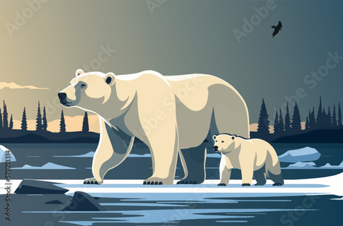 The white bear and her cub bear walks through the snow. Mother and child. The glacier, snow-covered plains. Starry night in the North. Landscapes of the Arctic. Vector illustration