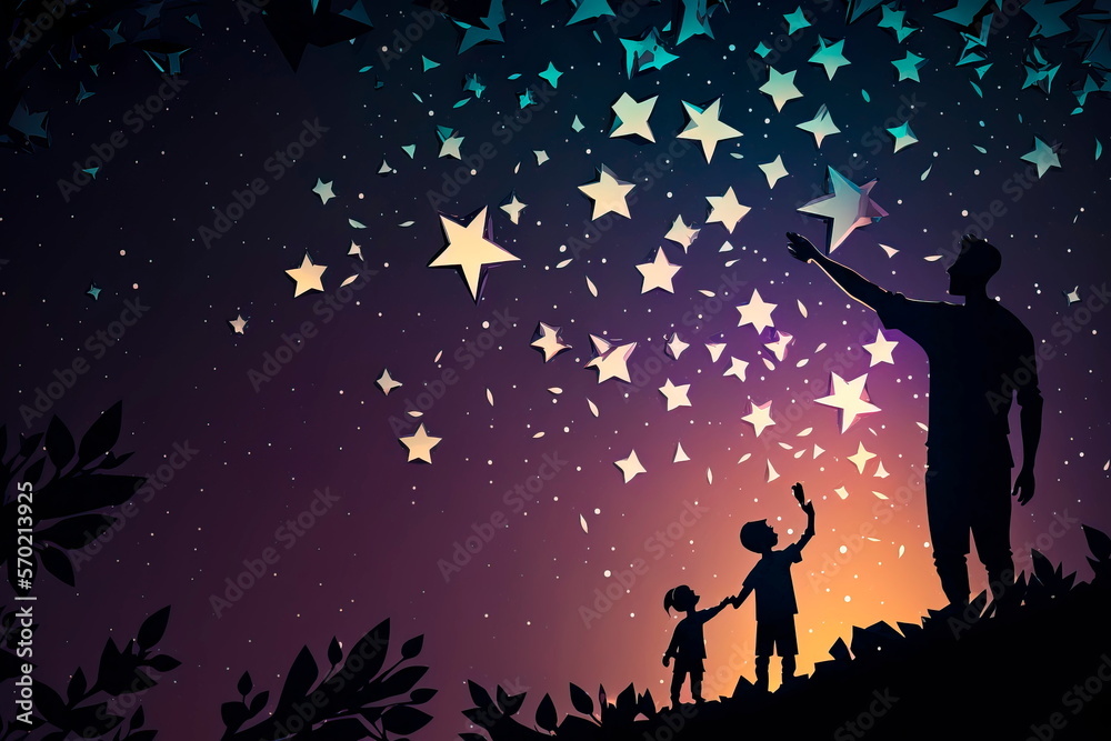Happy Father’s Day.Dad takes out a star from the sky, have a good time with their children Generative AI