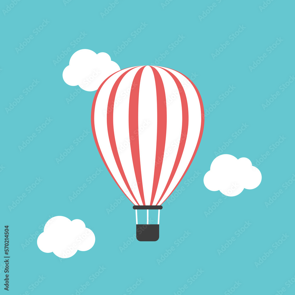 Obraz premium Hot air balloon in turquoise blue sky. Freedom, travel, flight, adventure, exploration, creativity, lightness and summer concept. Flat design. EPS 8 vector illustration, no transparency, no gradients