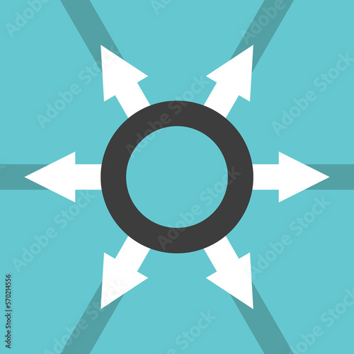 Many arrows pointing outwards from binding ring or circle. Center, direction, management, organization and power concept. Flat design. EPS 8 vector illustration, no transparency, no gradients