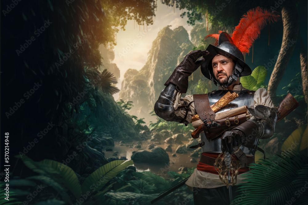 Art of brave conquistador from past with plate armor in tropical jungle of island. Art of brave conquistador from past with plate armor in tropical jungle of island.