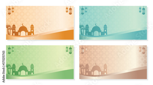 Islamic background with lantern ornament and mosque icon, banner and greeting card template. Vector illustration of Muslim holidays