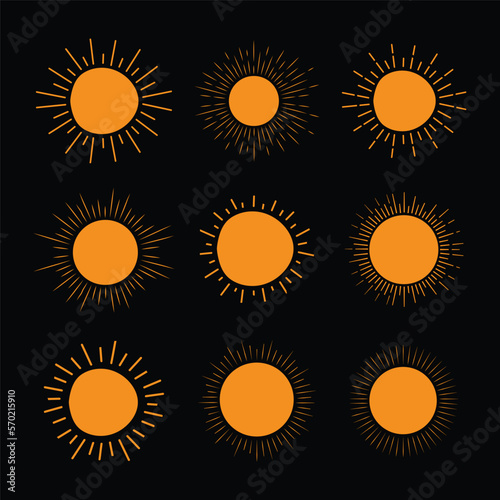 set of hand drawn Sun icon, line art sun vector, summer Sunrise Sunset sun, sunshine sun logo, Boho sunrise logo,Morning sunlight,design elements for sticker,t-shirt tattoo