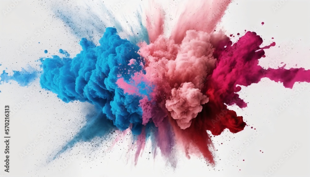arrière plan, explosion de couleur, poudre et peinture rose, bleu et violet, sur fond blanc, graphisme, IA générative