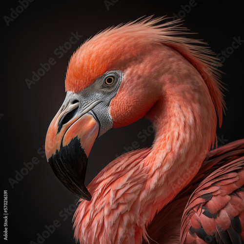 Pink Flamingo Close Up Portrait on black background, Generative Ai