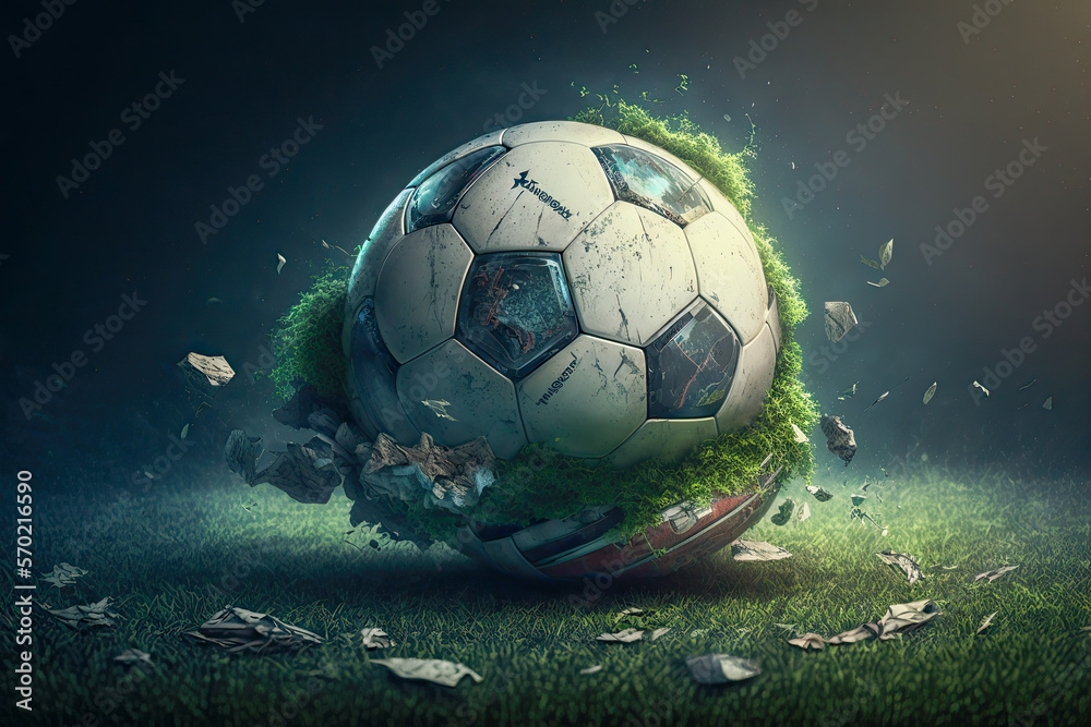 Soccer ball covered by grass. Soccer rules the world concept - Generative AI