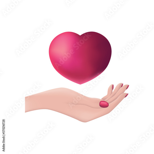 A hand with a heart. A big heart on a woman s hand. Romantic image. A heart in the palm of your hand. Vector illustration isolated on a white background