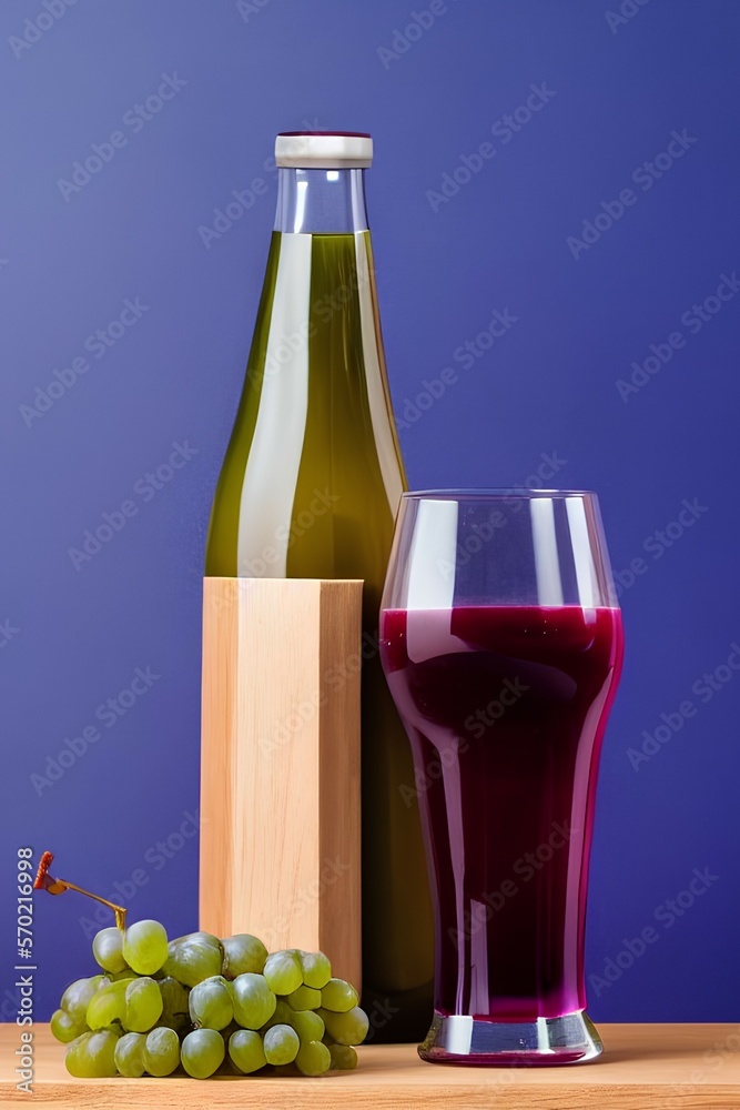 A bottle of grape juice and a glass of grape juice on a wooden table on a blue background cinematic - generative ai