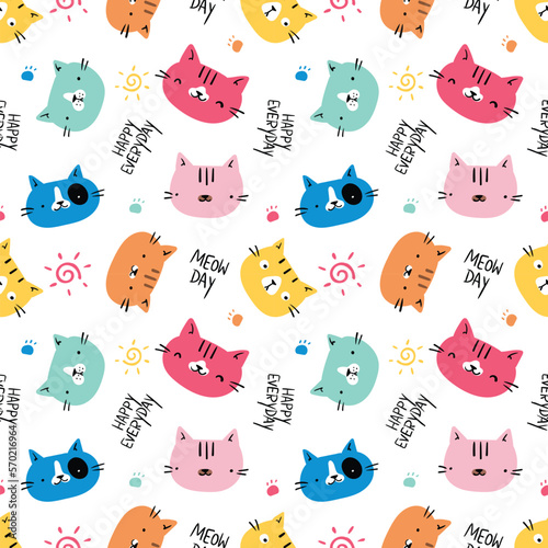 Seamless Pattern with Cartoon Cat Face Design on White Background