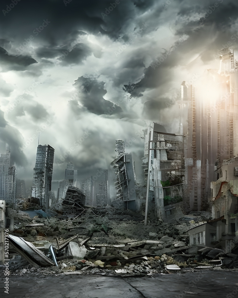 Post apocalyptic scene of the city after earthquake with rundown buildings and dramatic sky in background, generative ai illustration