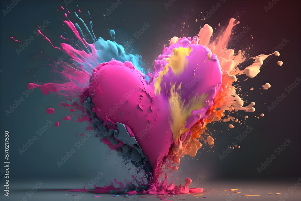 Día de San Valentín.Fondo colorido y romántico.Explosión de amor y color en forma de corazón.Ai generado - obrazy, fototapety, plakaty 