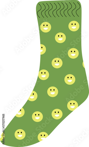 illustration of a green sock with yellow emoticon laugh happy face pattern