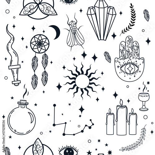 Esoteric pattern on a white background in hand drawn style. Doodle. Vector illustration. Magic, evil eye, Dream Catcher, constellation, candles, fly, magic. trendy design. Print for wrapping 