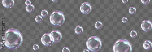 Vector realistic soap bubbles with rainbow reflection isolated on png background. Transparent colorful soap bubbles. Vector design element
