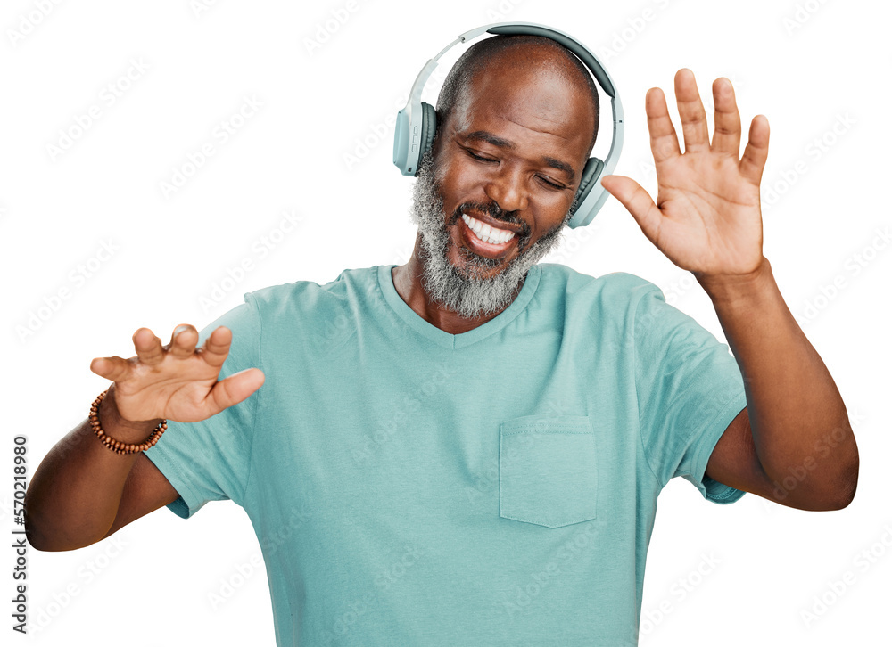 A happy carefree senior black man dancing while listening to music with headphones isolated on a png background. - obrazy, fototapety, plakaty 