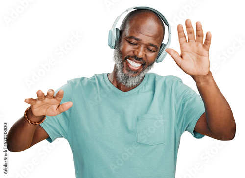 Fotobehang A happy carefree senior black man dancing while listening to music with headphones isolated on a png background