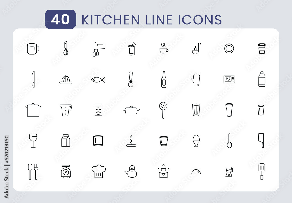 Cooking related line icon set. Vector illustration. Outline icons about kitchen. Pot, pan and kitchen utensils linear icons. Cooking recipe outline vector signs and symbols collection.