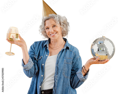 Canvas Print One happy mature caucasian woman holding a disco ball and drinking a glass of white wine while wearing a birthday hat