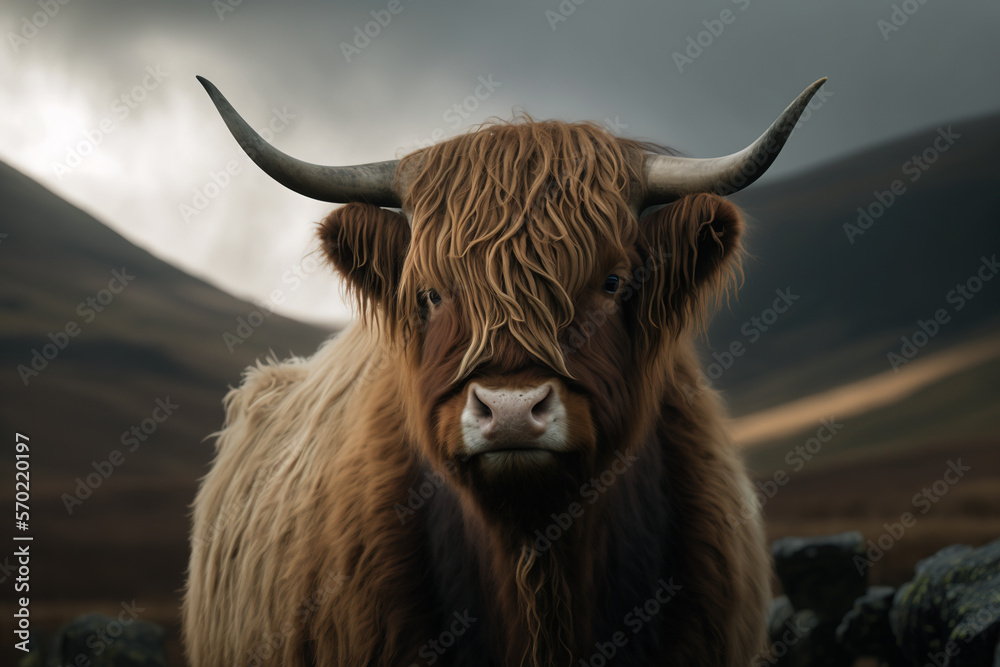 Scottish highland cow, Generative AI - obrazy, fototapety, plakaty 