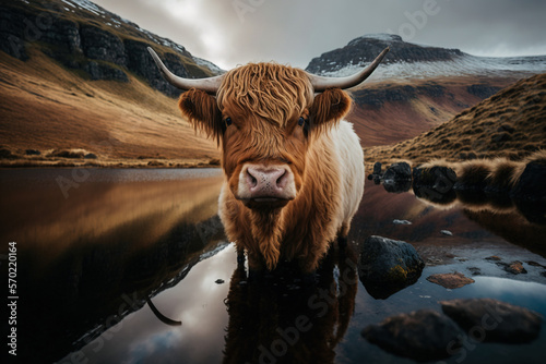 Scottish cow in the mountains, Generative AI