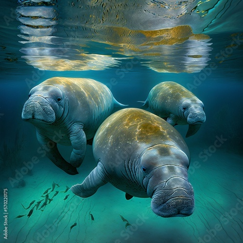 A family of manatees floating in the shallow water