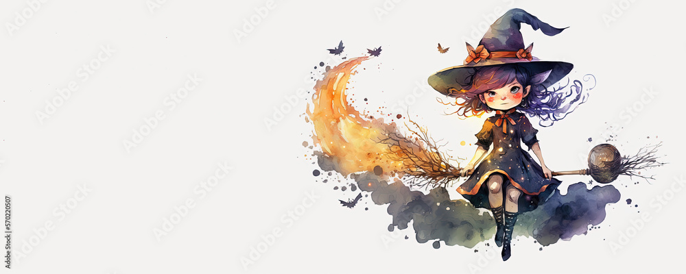 Cute Witch with Broom Halloween - Watercolor (Generative AI Art) - with copy space Cute Witch with Broom Halloween - Watercolor (Generative AI Art) - with copy space