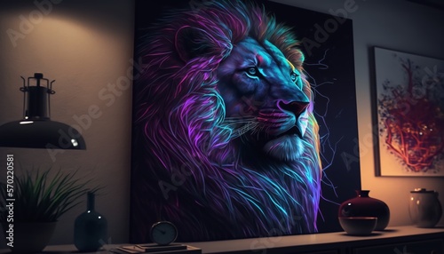Lion painting on a wall, interior design, Generative AI