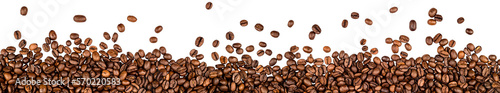 wide panorama background of fresh roasted arabica coffee espresso beans isolated on white background. good morning breakfast concept photo