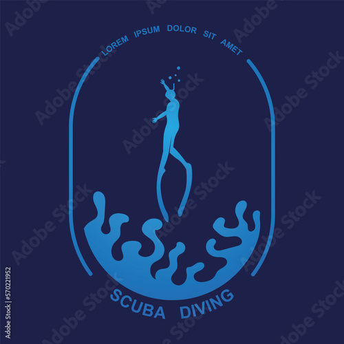 Scuba diving sport logo, under water, vector illustrator, silhouette, logo design.