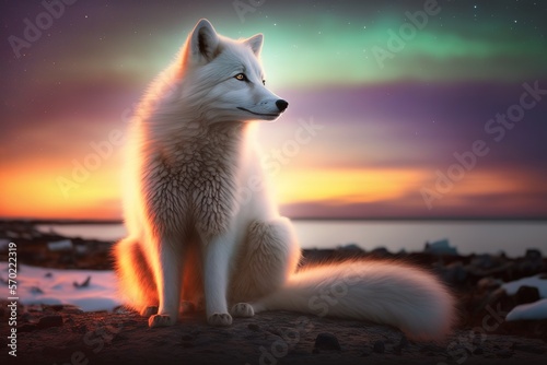 Arctic Fox sitting in arctic sunset, aurora borealis. Generative AI