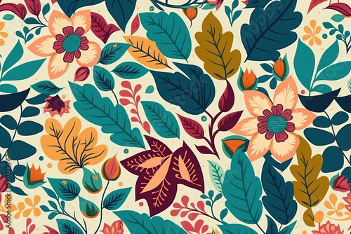 colorful Seamless pattern with decorative flowers and leaves free foam shape Generative AI © Suleyman