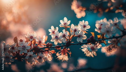  spring landscape blooming flowers on trees ,sakura with pink and white flowers on blue sunset sky at sun light