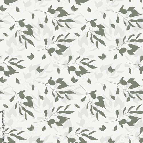 Brunches and leaves seamless pattern in green hews on white background. Can be used for home decor such as wallpaper, tablecloth, bedclothes or for fashion graphics such as fabric all-over print