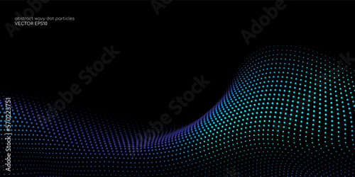 Flowing dot particles wave curve pattern blue and green gradient light isolated on black background. Vector in concept of AI technology, science, music.