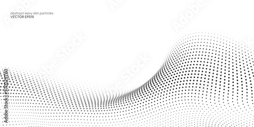 Flowing dots particles wave pattern halftone black gradient curve shape isolated on white background. Vector in concept of technology, science, music, modern.