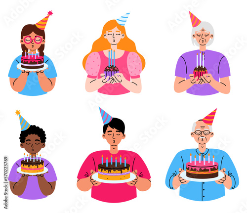 Set of people blow out candles on the cake or cupcake. Birthday celebration. Surprise, anniversary concept. Flat vector illustration on white background.