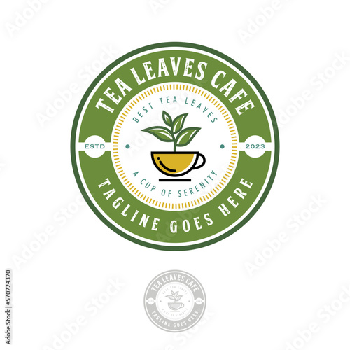 Tea leaves cafe logo design concept, leaf and cup logo circular emblem vintage fit for tea shop, tea product, and logo cafe