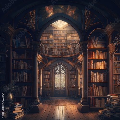 Old library or bookstore with many books on shelves as a digital illustration (generative AI) © senadesign