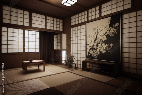 Tableau sur toile Interior of a Japanese living room with a mock up poster frame, furniture, decorations, and fine accessories