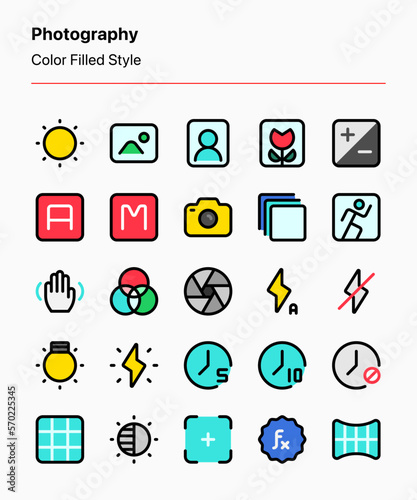 A set of customizable photography icons. Perfect for app and web interfaces, graphic design, and other projects