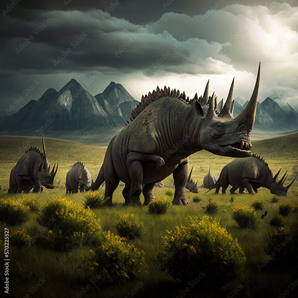 Fototapeta premium A herd of stegosaurs grazing in a grassy savannah