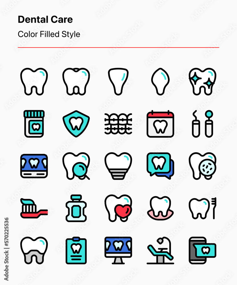 Customizable set of dental care icons for app and website interfaces, products or service catalogs, ads and marketing, presentations, publications, and other projects