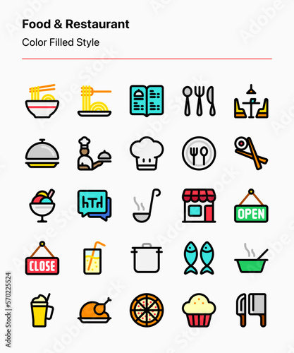 Customizable set of food and restaurant icons for businesses, restaurants, app and website interfaces, graphic design, ads and marketing, presentations, and other projects