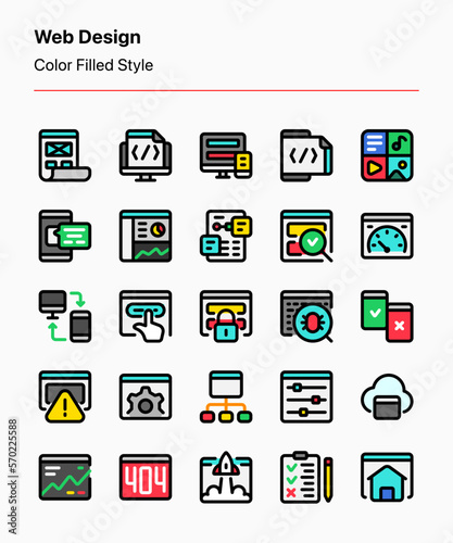 Customizable set of web design icons covering elements of design processes, content management, and maintenance. Perfect for app and web interfaces, product or service catalogs, presentations, etc