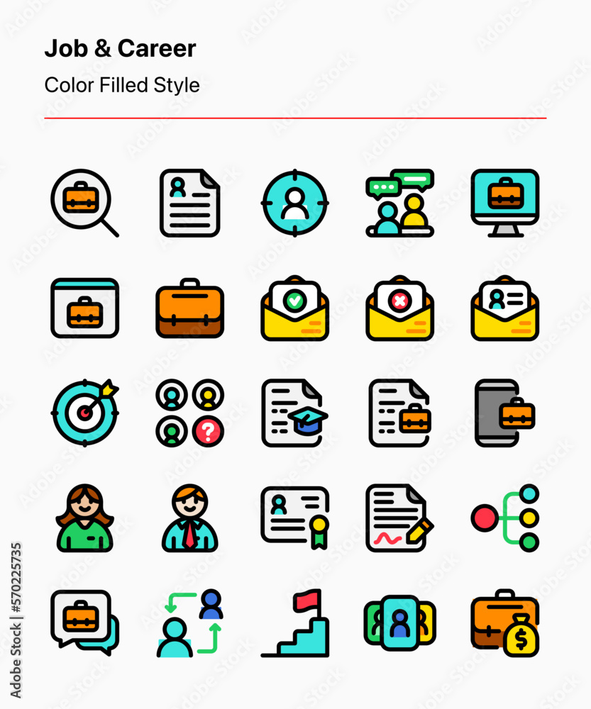 Customizable set of job and career icons covering elements of job vacancy, job search, and recruitment. Perfect for apps and websites interfaces, businesses, presentation, resumes, ads, etc