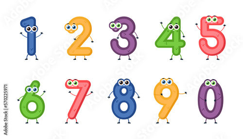 Cute funny numbers. Adorable vector math characters. One, two, three, four, five, six, seven, eight, nine, zero smiling characters, math symbols. Numbers with faces